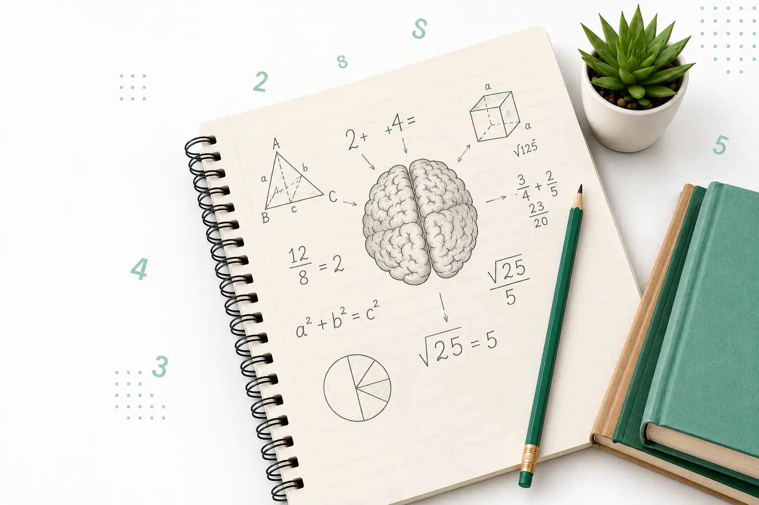 Notebook with mental math sketches, a brain diagram, pencils and books, representing Mental Calisthenics training