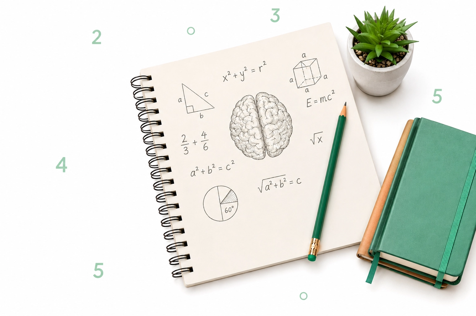 Notebook with mental math sketches, a brain diagram, pencils and books, representing Mental Calisthenics training